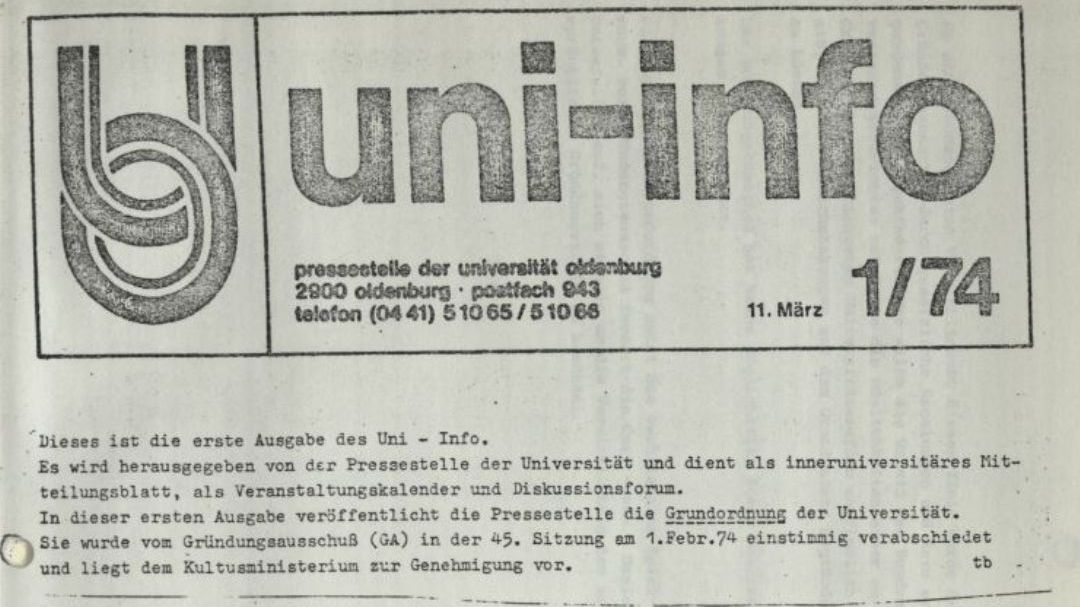 Das Bild zeigt die allererste Ausgabe von UNI-INFO. Als Herausgeber ist die Pressestelle angegeben. Auch das alte Logo, ein U, dessen Bogen durch ein O läuft, ist abgebildet.
